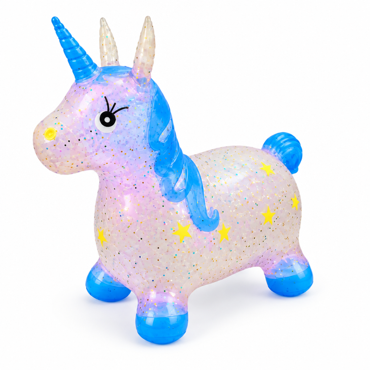 Ballon sauteur licorne gonflable pailleté, coloris bleu translucide