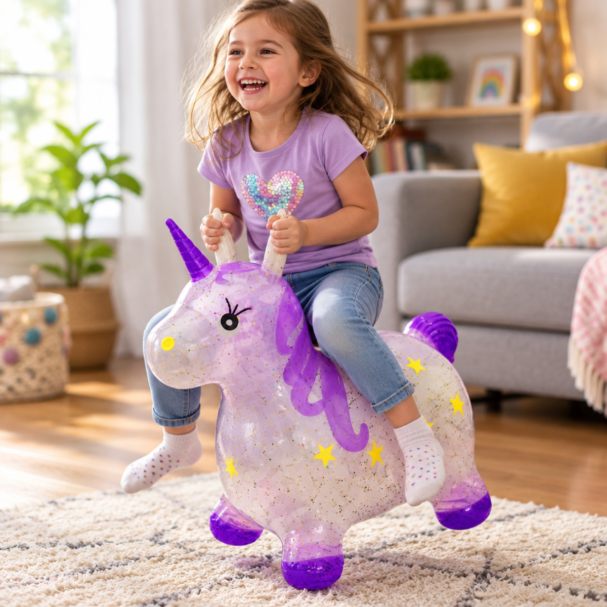 Enfant sautant joyeusement sur le ballon sauteur licorne pailletée