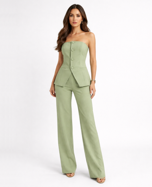 Ensemble Tailleur Femme – Bustier & Pantalon Jambes Larges, Look Chic Bureau Soirée