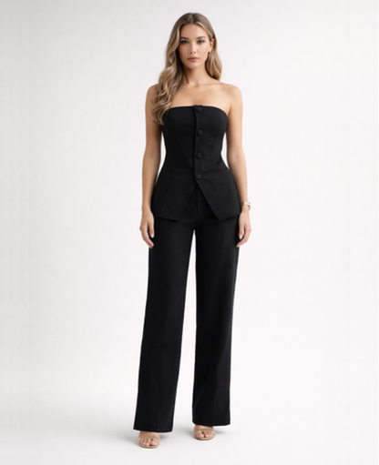 Ensemble Tailleur Femme – Bustier & Pantalon Jambes Larges, Look Chic Bureau Soirée