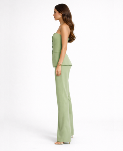Ensemble Tailleur Femme – Bustier & Pantalon Jambes Larges, Look Chic Bureau Soirée