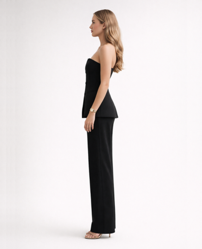 Ensemble Tailleur Femme – Bustier & Pantalon Jambes Larges, Look Chic Bureau Soirée