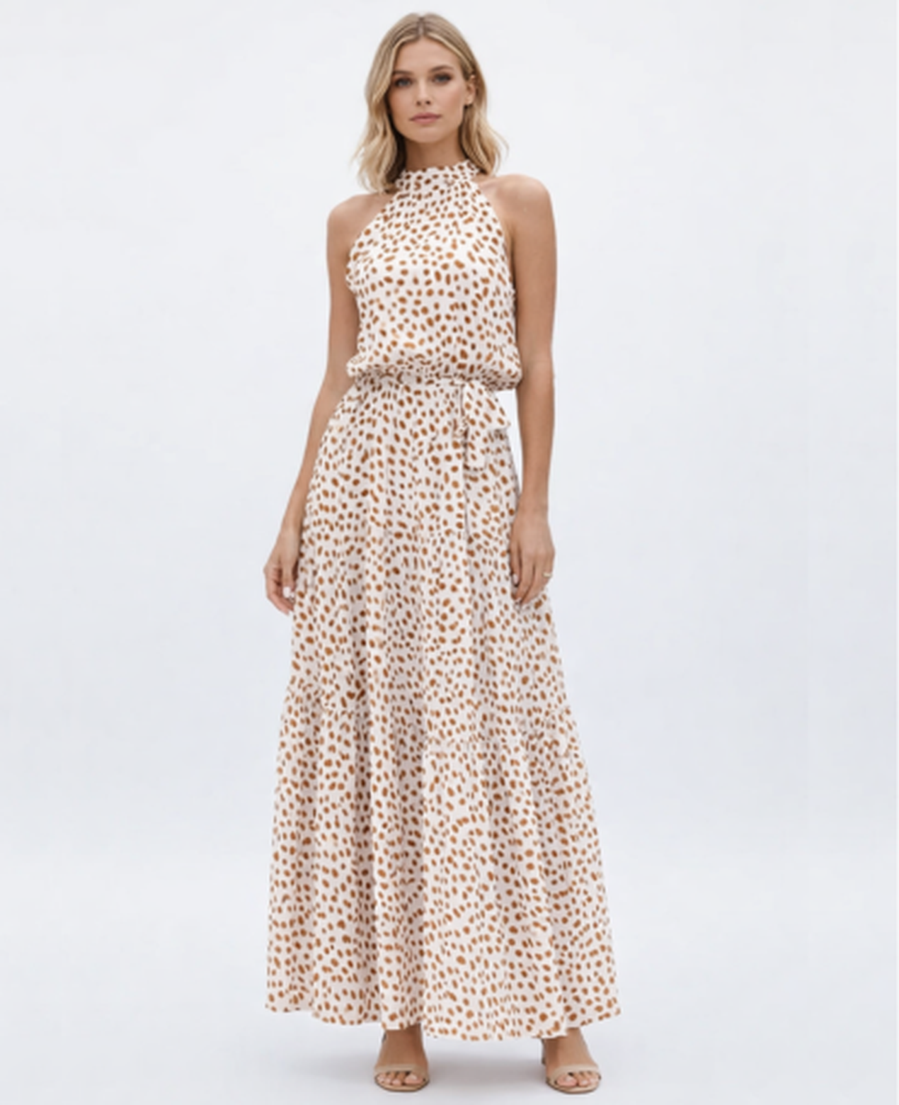 Robe Longue Imprimée Femme – Col Halter & Ceinture Marquée, Fluide & Estivale | Maxi Robe Été