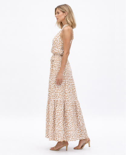 Robe Longue Imprimée Femme – Col Halter & Ceinture Marquée, Fluide & Estivale | Maxi Robe Été