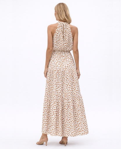 Robe Longue Imprimée Femme – Col Halter & Ceinture Marquée, Fluide & Estivale | Maxi Robe Été