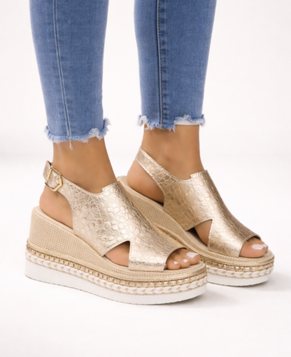 Sandales Compensées Femme – Semelle Tressée & Bride Boucle, Plateforme Confort Ergonomique