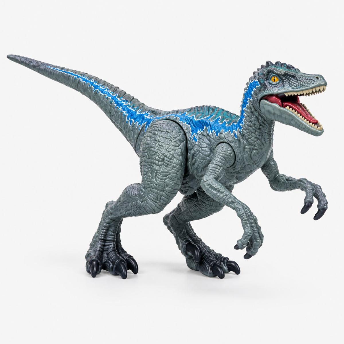 Figurine Vélociraptor vue de trois quarts mettant en valeur les pattes posées et les griffes