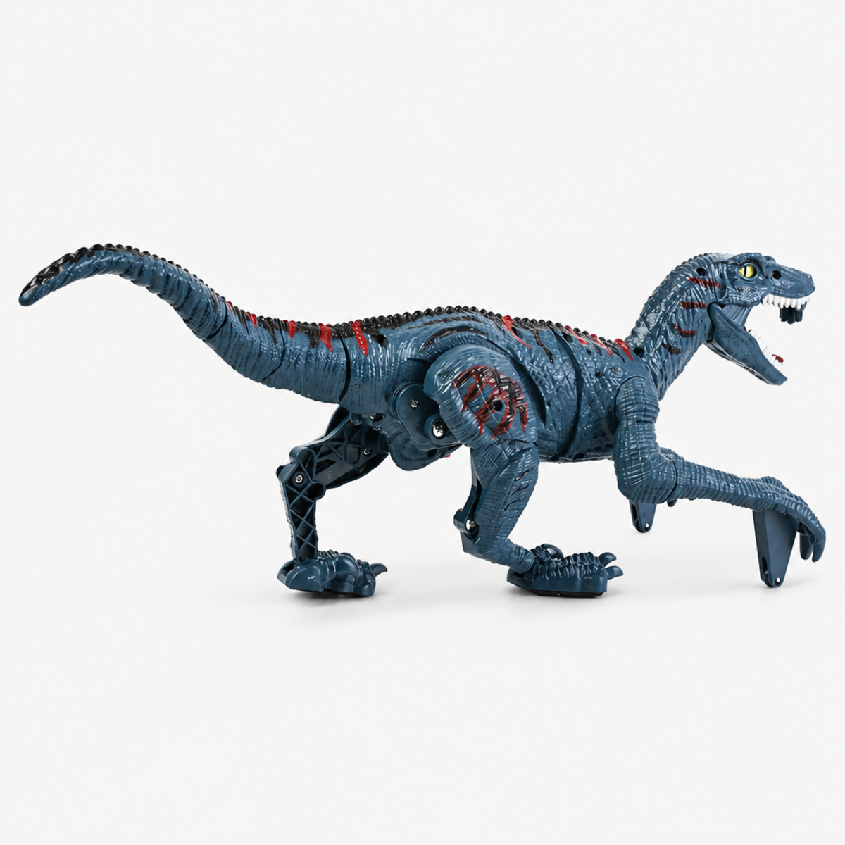 Vélociraptor radiocommandé bleu, vue de face sur fond neutre