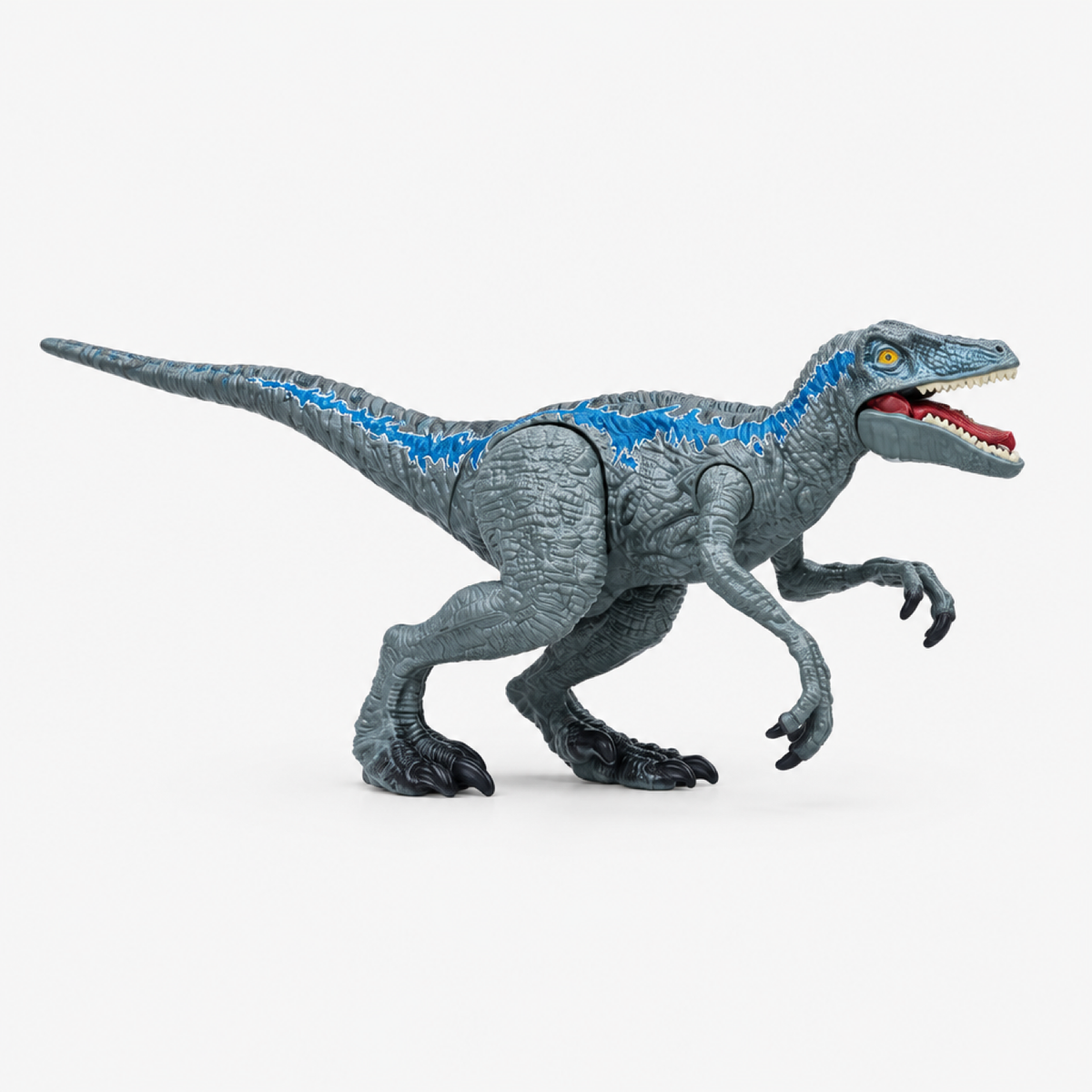 Figurine articulée de Vélociraptor réaliste, corps gris avec bande bleue et mâchoire ouverte