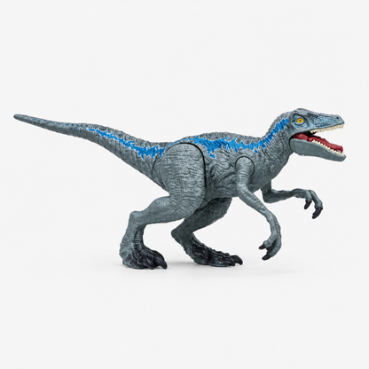 Figurine articulée de Vélociraptor réaliste, corps gris avec bande bleue et mâchoire ouverte