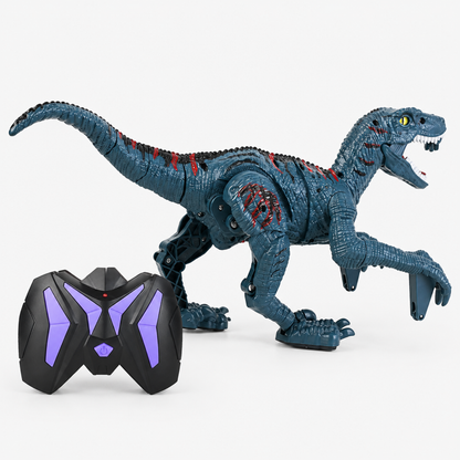 Vélociraptor radiocommandé présenté avec sa télécommande