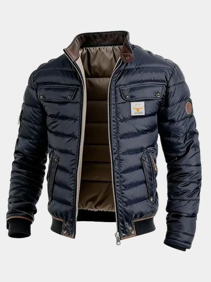 Veste matelassée homme bleu marine, détail du col montant