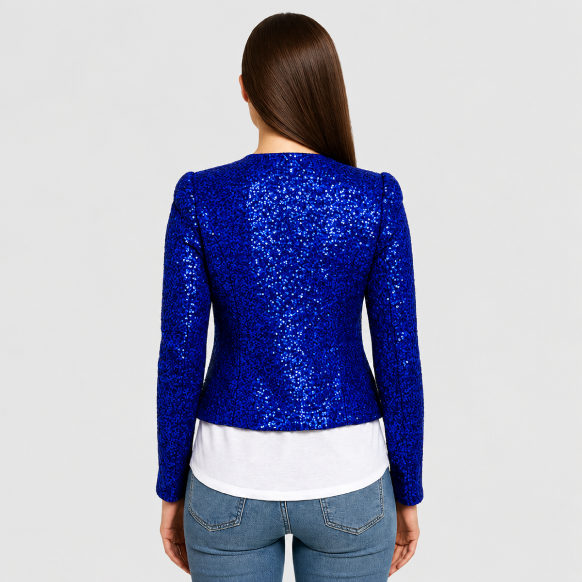 Veste courte à paillettes bleu nuit, vue de dos