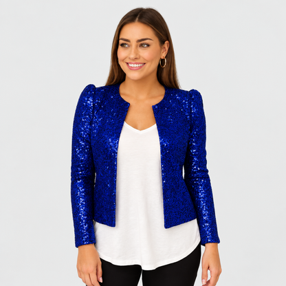 Veste courte à paillettes bleu nuit, vue de face