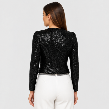 Veste courte à paillettes noires, vue de dos