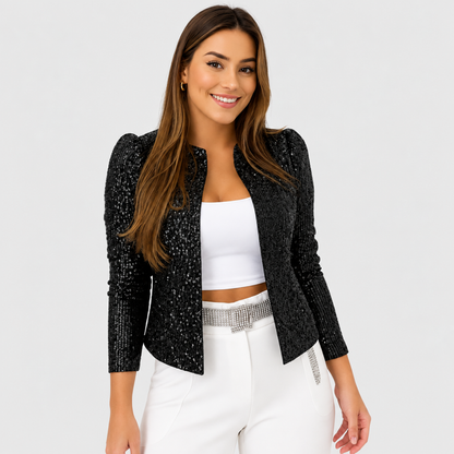 Veste courte à paillettes noires, vue de face