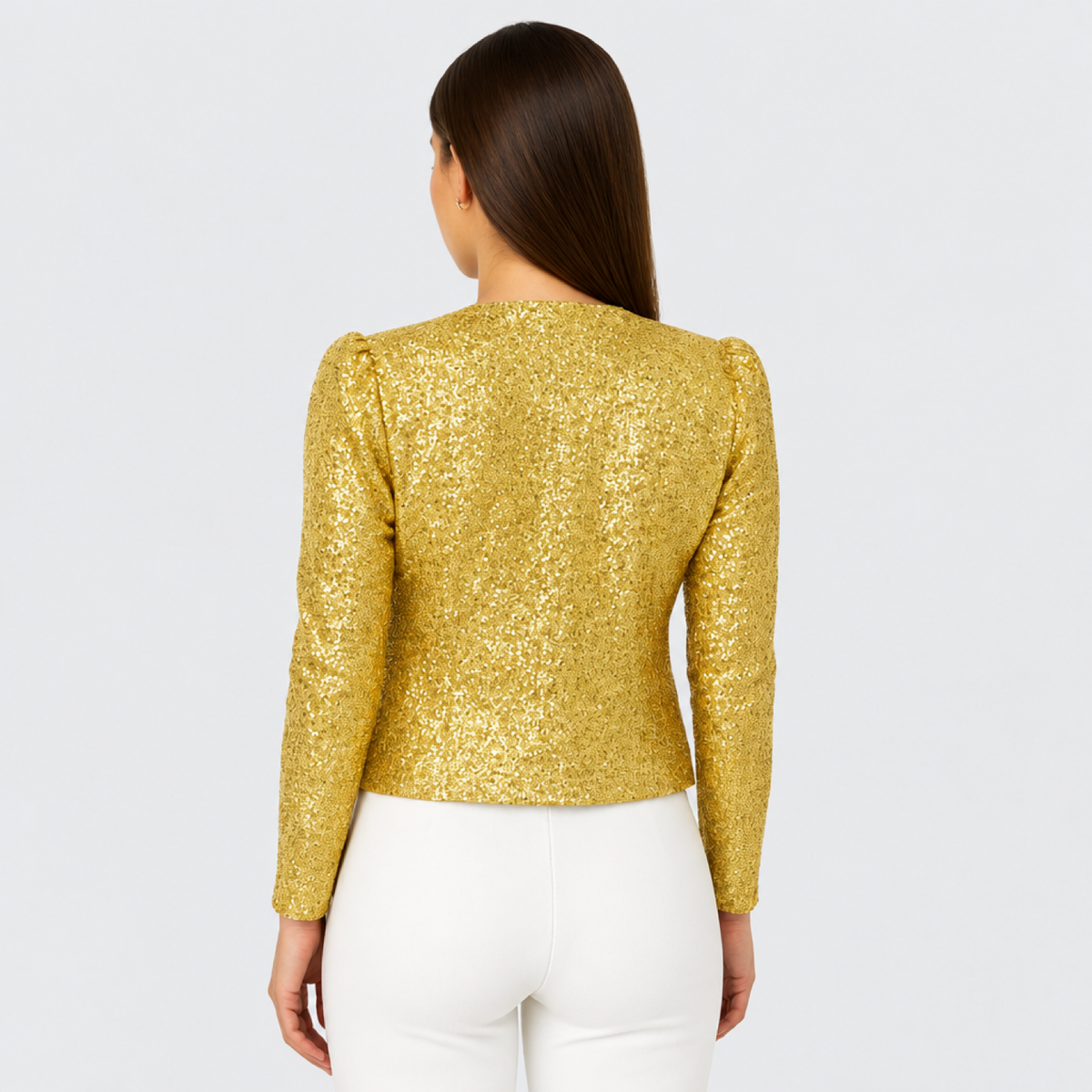 Veste courte à paillettes dorées, vue de dos