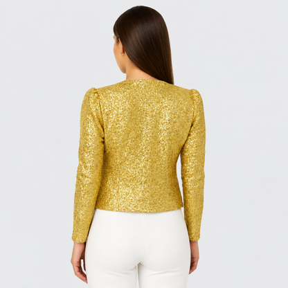 Veste courte à paillettes dorées, vue de dos