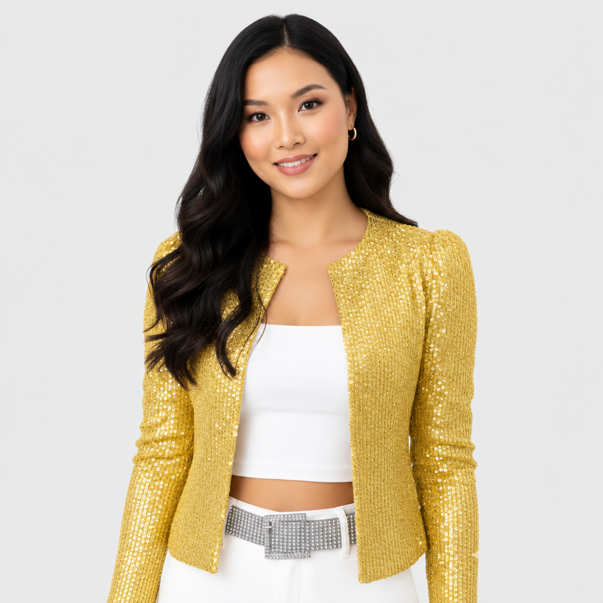 Veste courte à paillettes dorées, vue de face