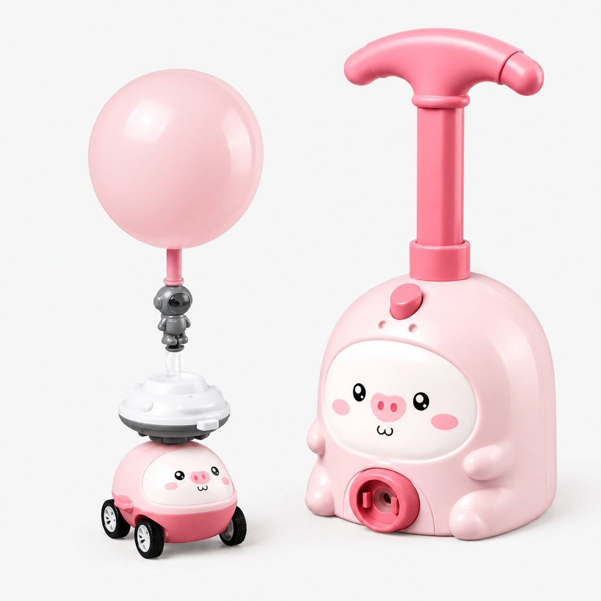 Voiture à ballon design cochon rose, avec pompe et ballon, photo studio